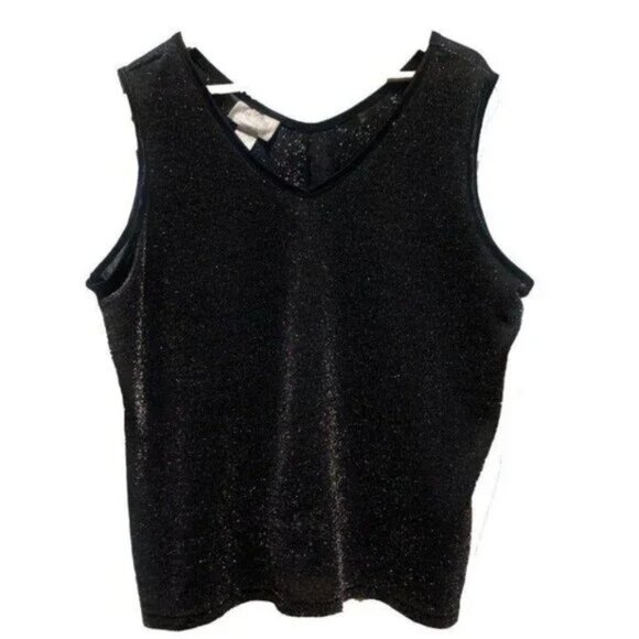 Vintage Vue Point Black Sparkle Shimmer Knit Tank Top Sleeveless V-Neck Shell - Picture 7 of 7